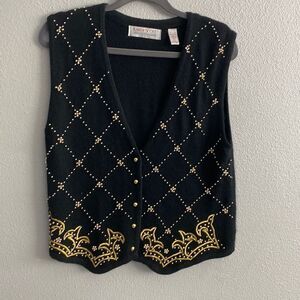 Karen Scott- black with gold bead embellished sweater vest- Size large